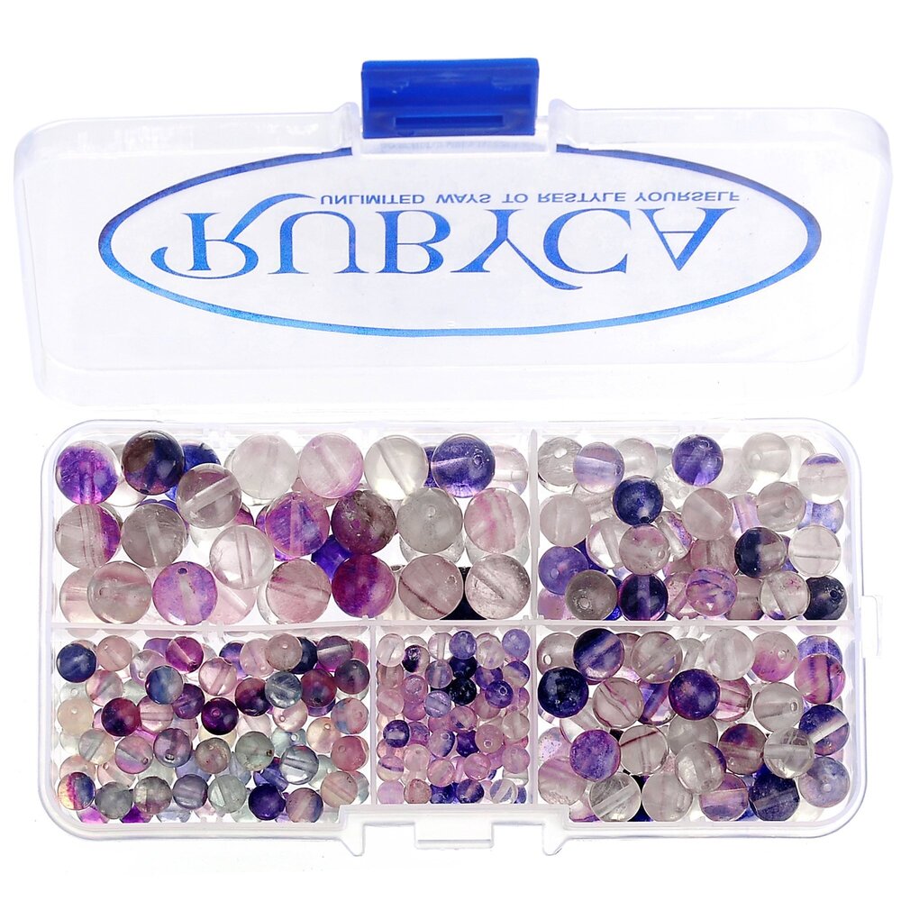 1996 Natural Fluorite Gemstone Round Loose Bead Organizer Plastic Box